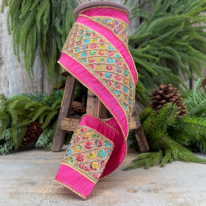 4" Pink Dupion Multi Sequin Diamond Trim Wired Ribbon, 5 Yard Roll