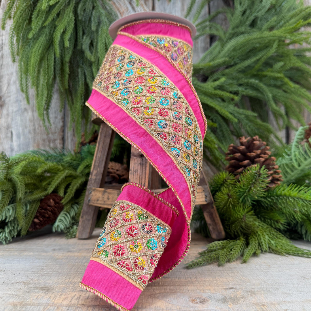 4" Pink Dupion Multi Sequin Diamond Trim Wired Ribbon, 5 Yard Roll