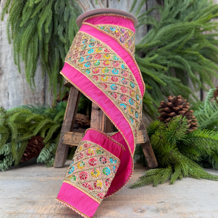 4" Pink Dupion Multi Sequin Diamond Trim Wired Ribbon, 5 Yard Roll