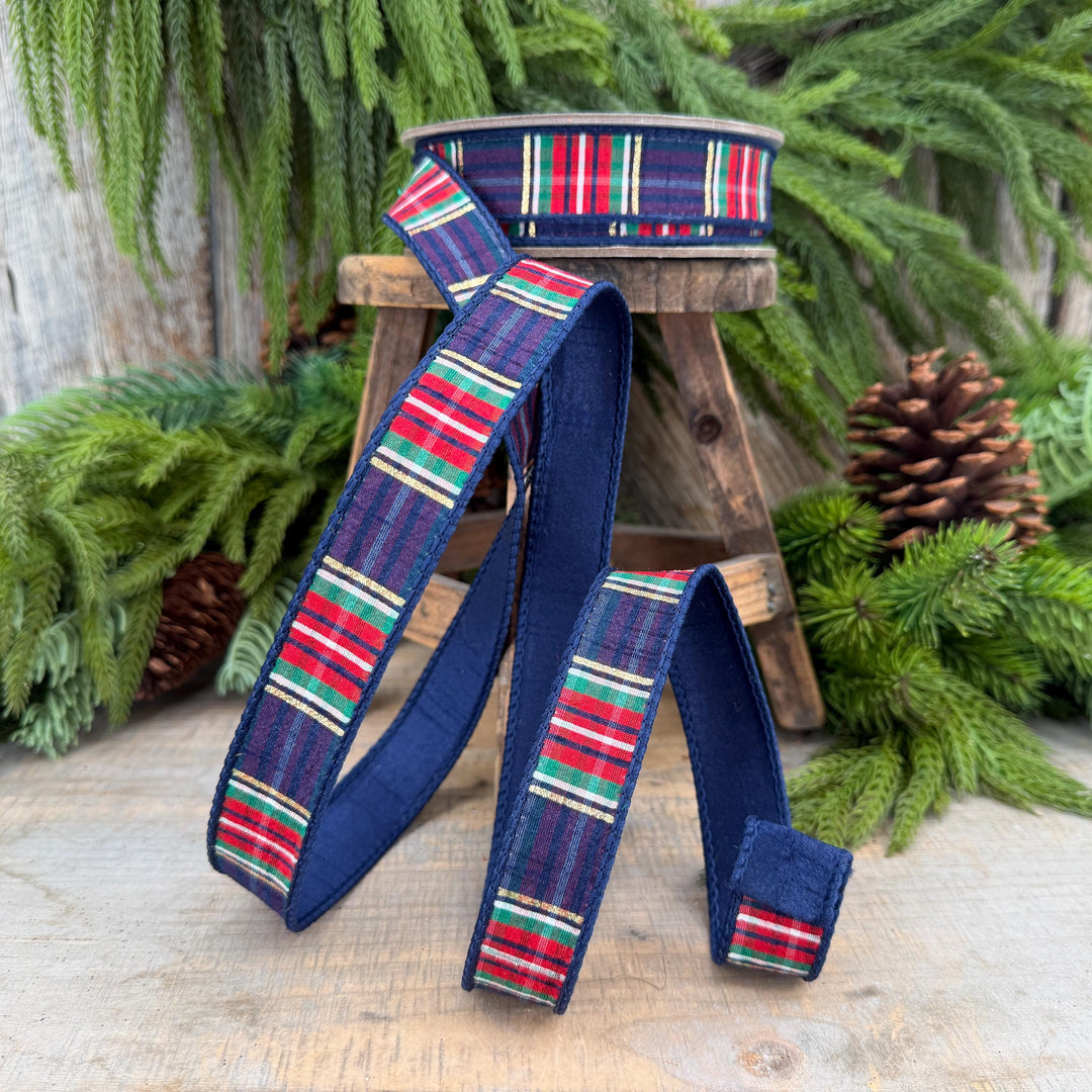 1" Navy Blue Christmas Plaid Ribbon, Farrisilk Plaid Ribbon
