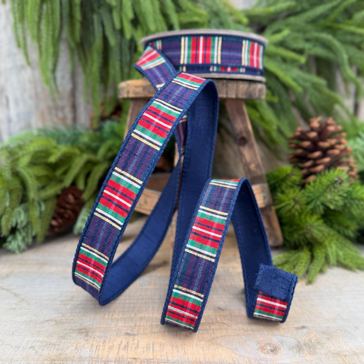 1" Navy Blue Christmas Plaid Ribbon, Farrisilk Plaid Ribbon