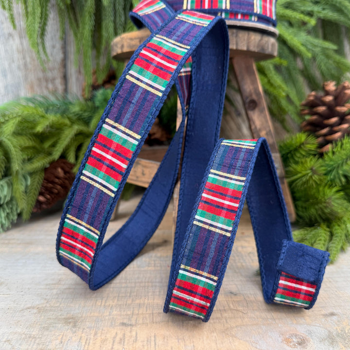1" Navy Blue Christmas Plaid Ribbon, Farrisilk Plaid Ribbon
