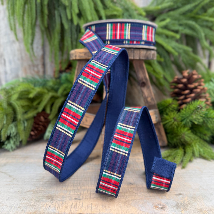 1" Navy Blue Christmas Plaid Ribbon, Farrisilk Plaid Ribbon