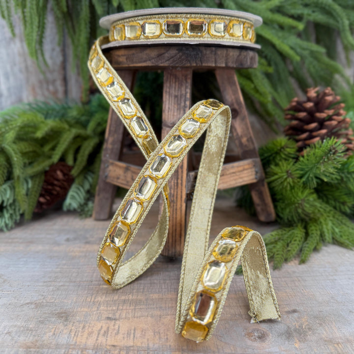 1" Gold Gemstones Ribbon, Gold Emerald Cut Ribbon by Farrisilk