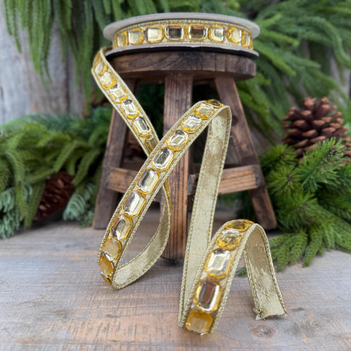 1" Gold Gemstones Ribbon, Gold Emerald Cut Ribbon by Farrisilk