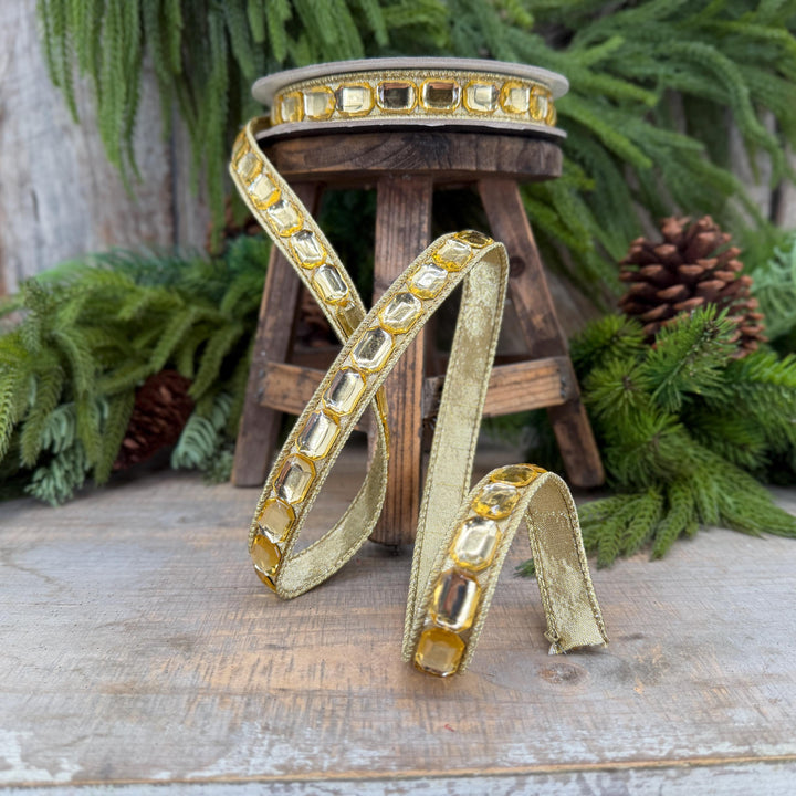 1" Gold Gemstones Ribbon, Gold Emerald Cut Ribbon by Farrisilk