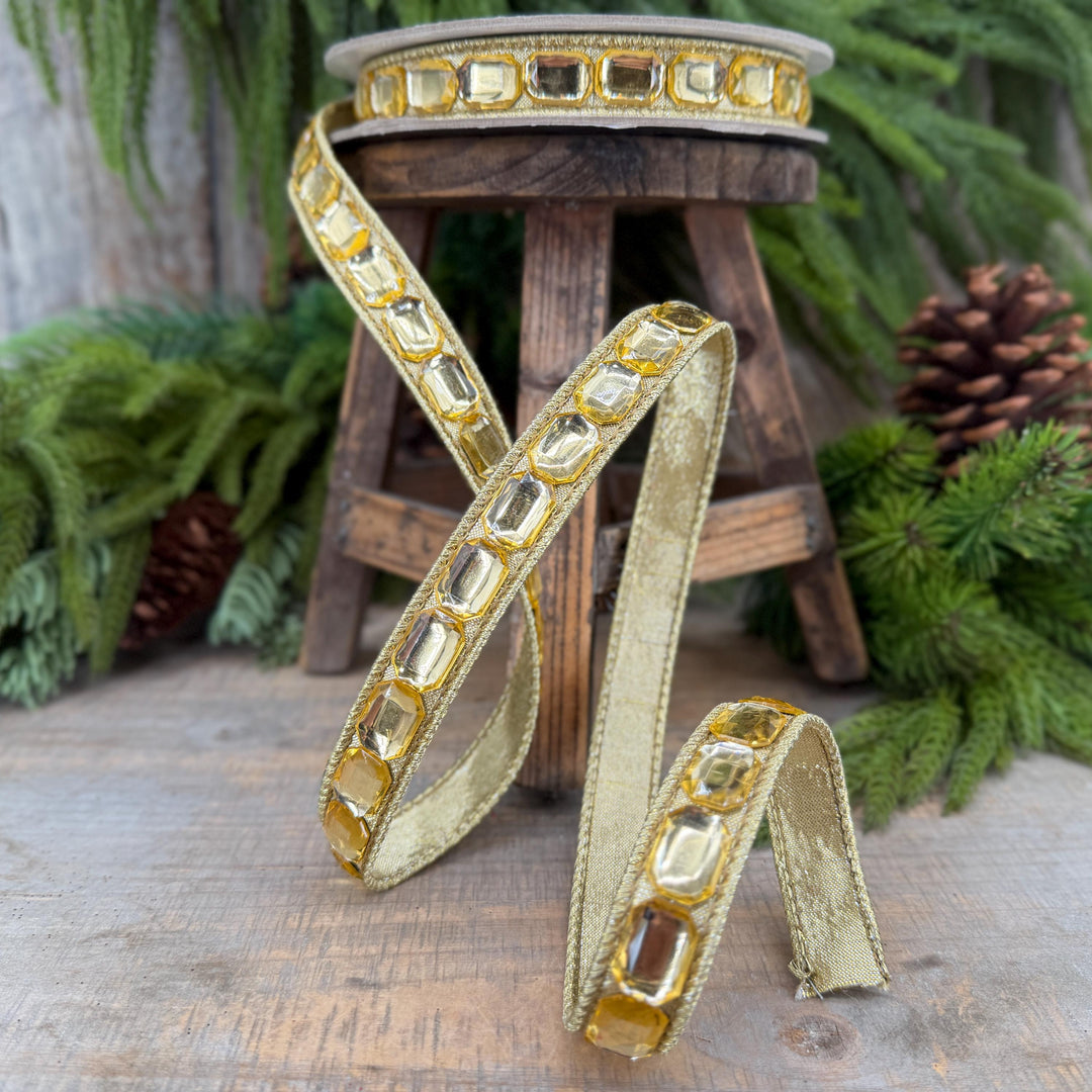 1" Gold Gemstones Ribbon, Gold Emerald Cut Ribbon by Farrisilk