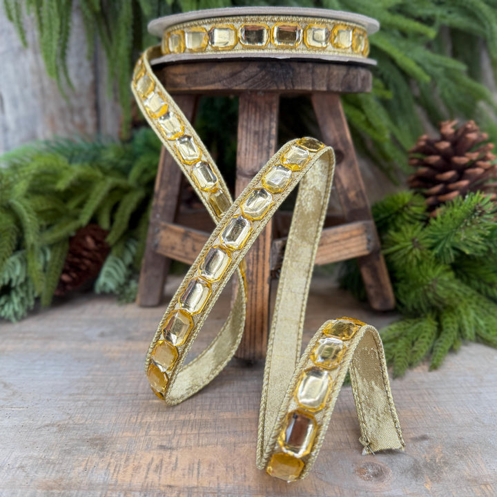 1" Gold Gemstones Ribbon, Gold Emerald Cut Ribbon by Farrisilk