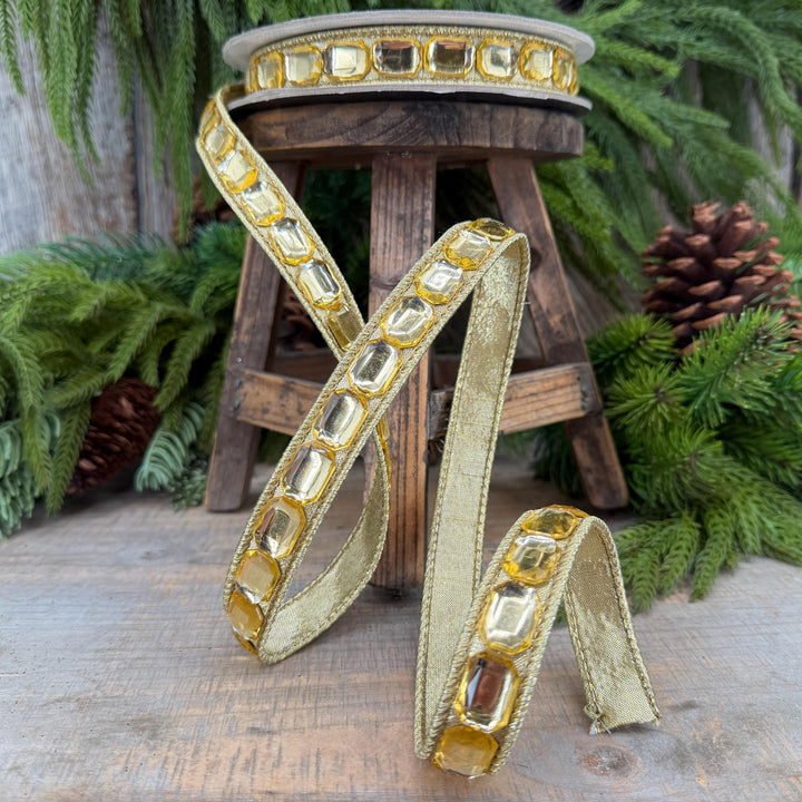 1" Gold Gemstones Ribbon, Gold Emerald Cut Ribbon by Farrisilk