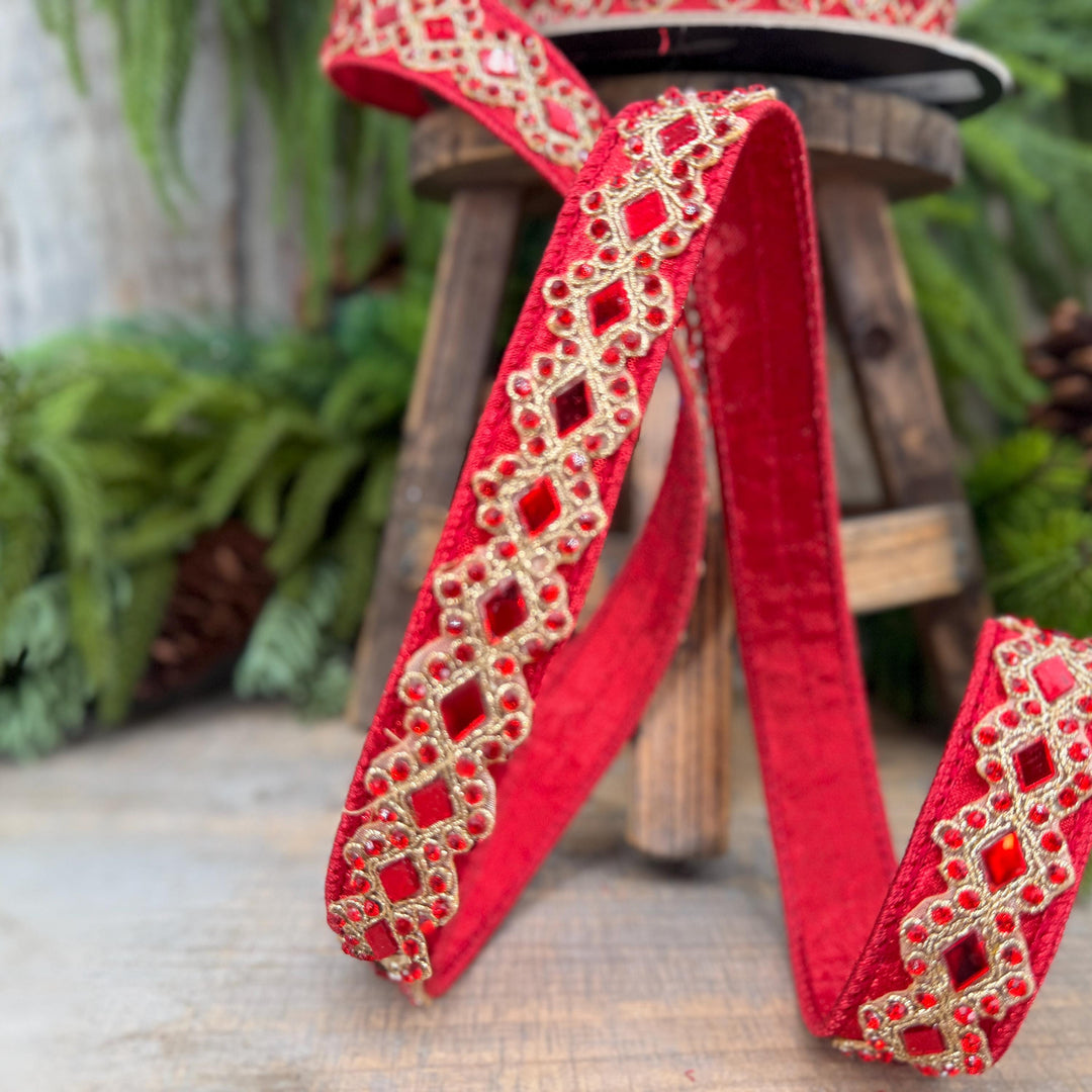 3/4" Red Jeweled Ribbon, Farrisilk Diamond Light Ribbon