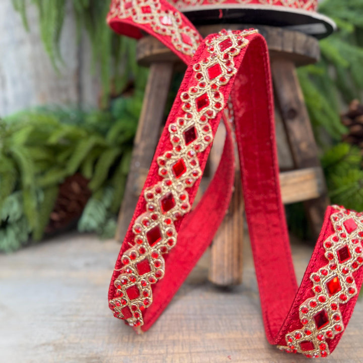 3/4" Red Jeweled Ribbon, Farrisilk Diamond Light Ribbon
