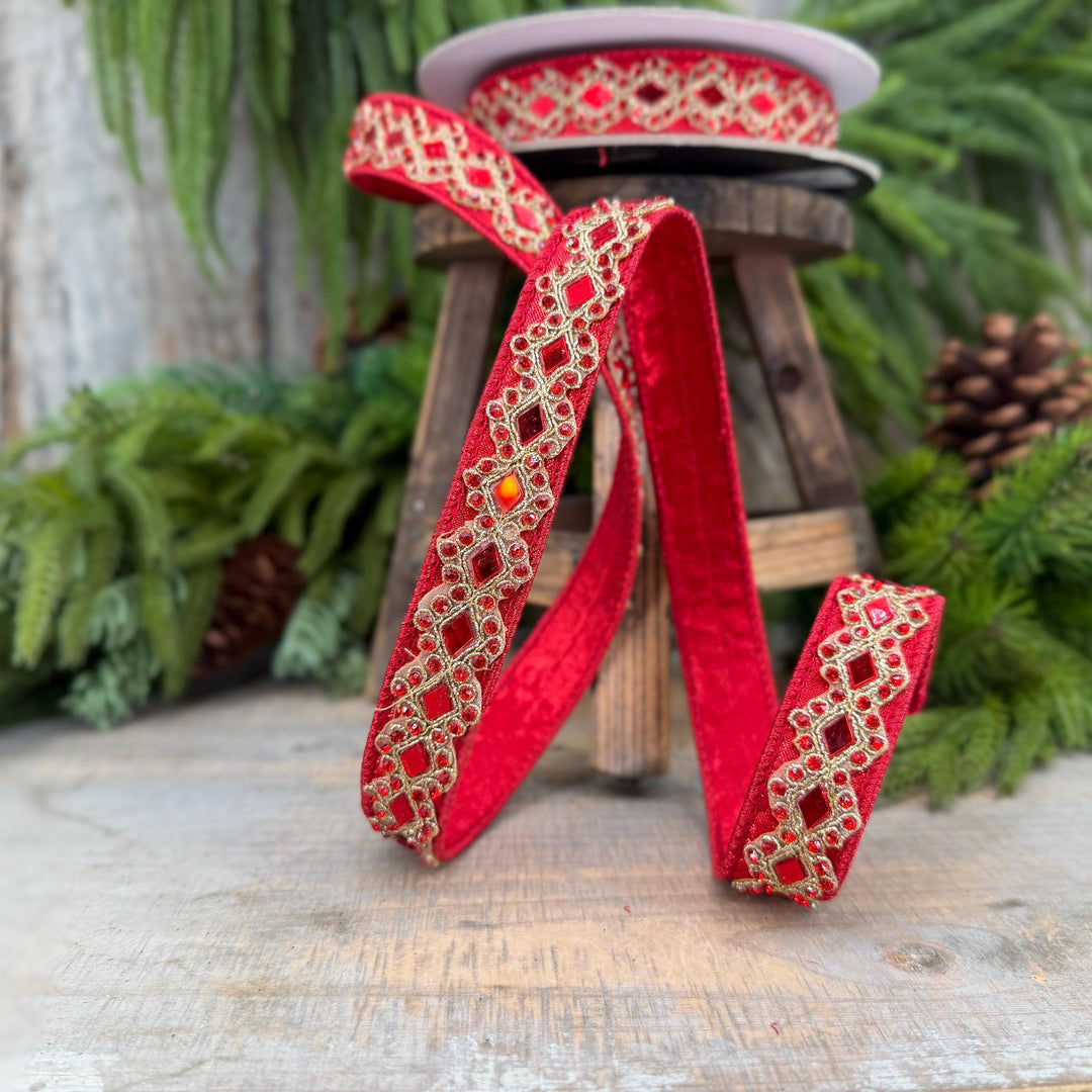 3/4" Red Jeweled Ribbon, Farrisilk Diamond Light Ribbon