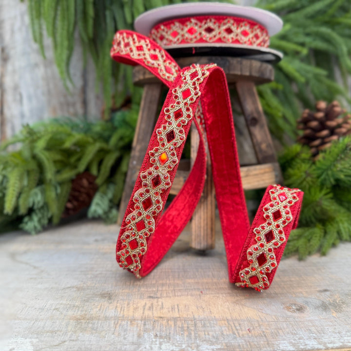 3/4" Red Jeweled Ribbon, Farrisilk Diamond Light Ribbon