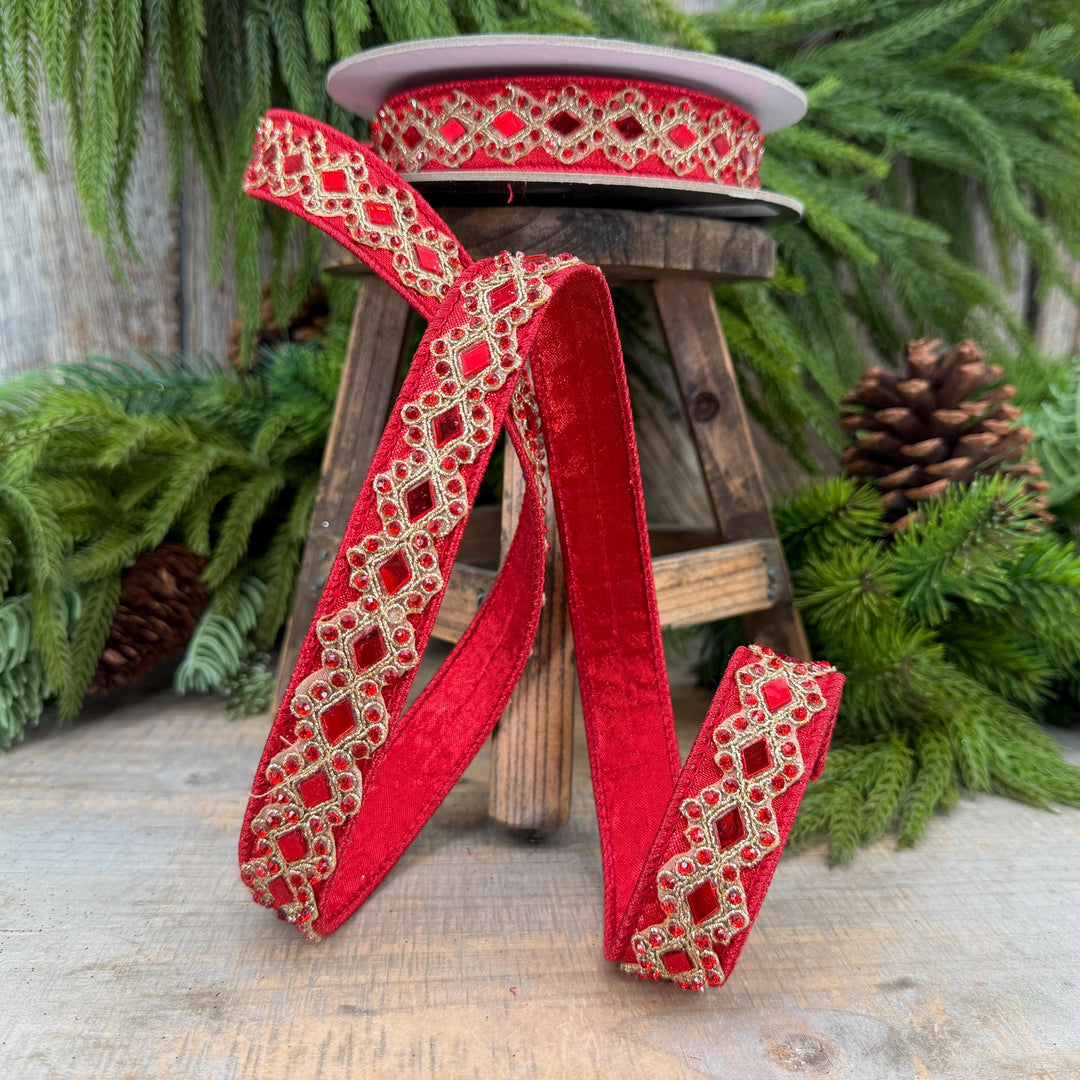 3/4" Red Jeweled Ribbon, Farrisilk Diamond Light Ribbon
