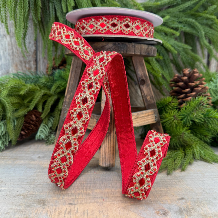 3/4" Red Jeweled Ribbon, Farrisilk Diamond Light Ribbon