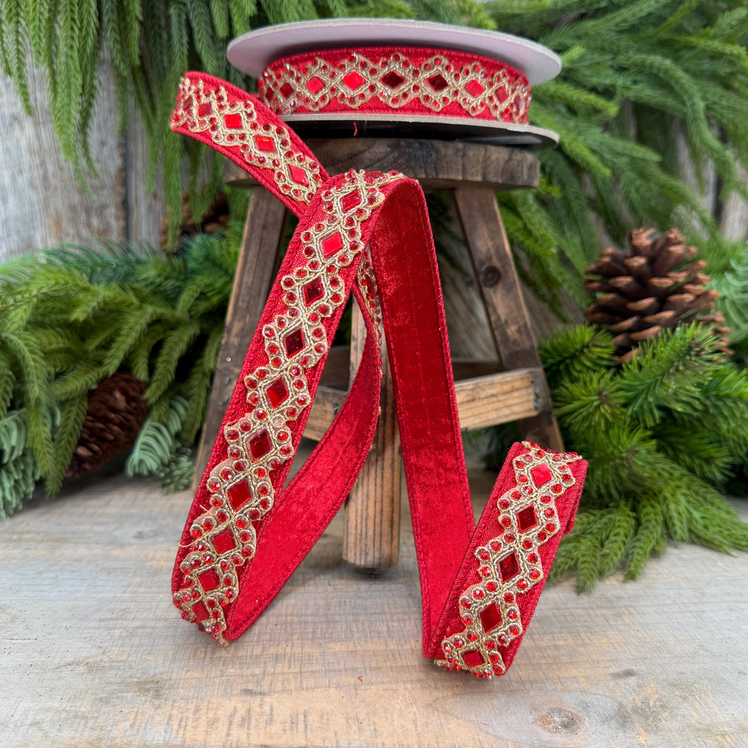 3/4" Red Jeweled Ribbon, Farrisilk Diamond Light Ribbon