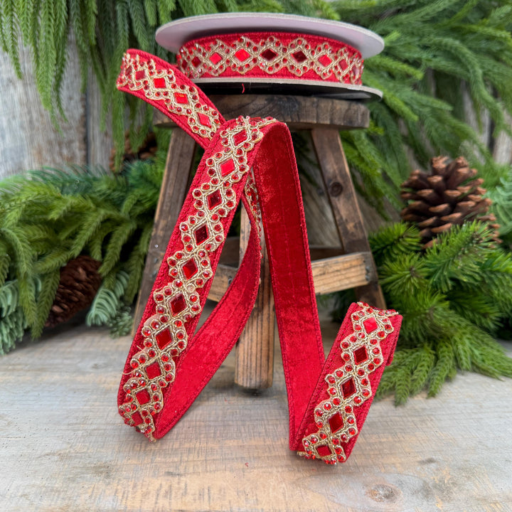 3/4" Red Jeweled Ribbon, Farrisilk Diamond Light Ribbon