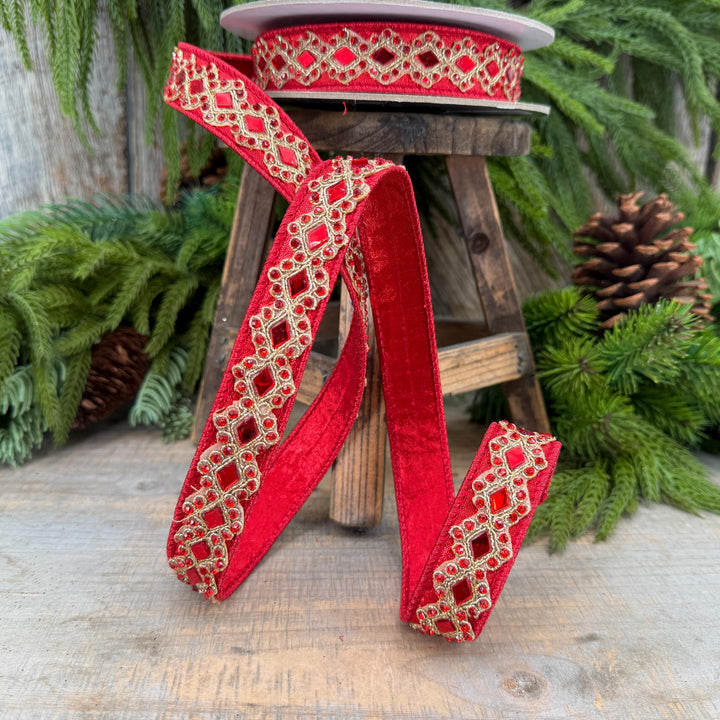 3/4" Red Jeweled Ribbon, Farrisilk Diamond Light Ribbon