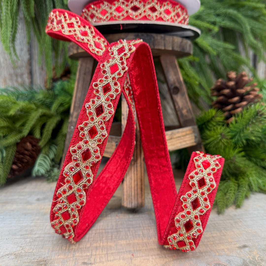 3/4" Red Jeweled Ribbon, Farrisilk Diamond Light Ribbon