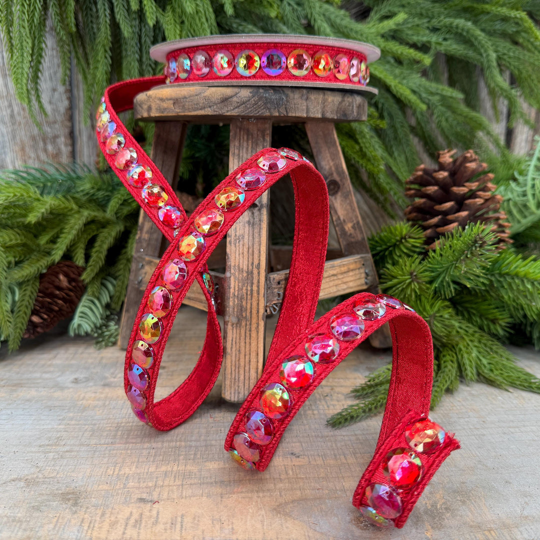 3/4" Red Jeweled Ribbon, Farrisilk Red Aurora Gem Ribbon