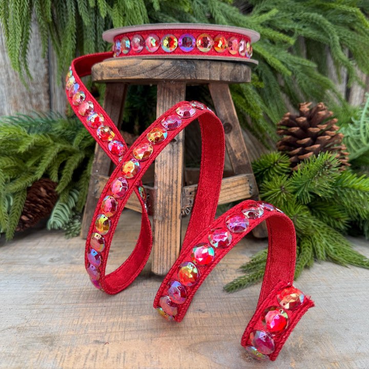 3/4" Red Jeweled Ribbon, Farrisilk Red Aurora Gem Ribbon