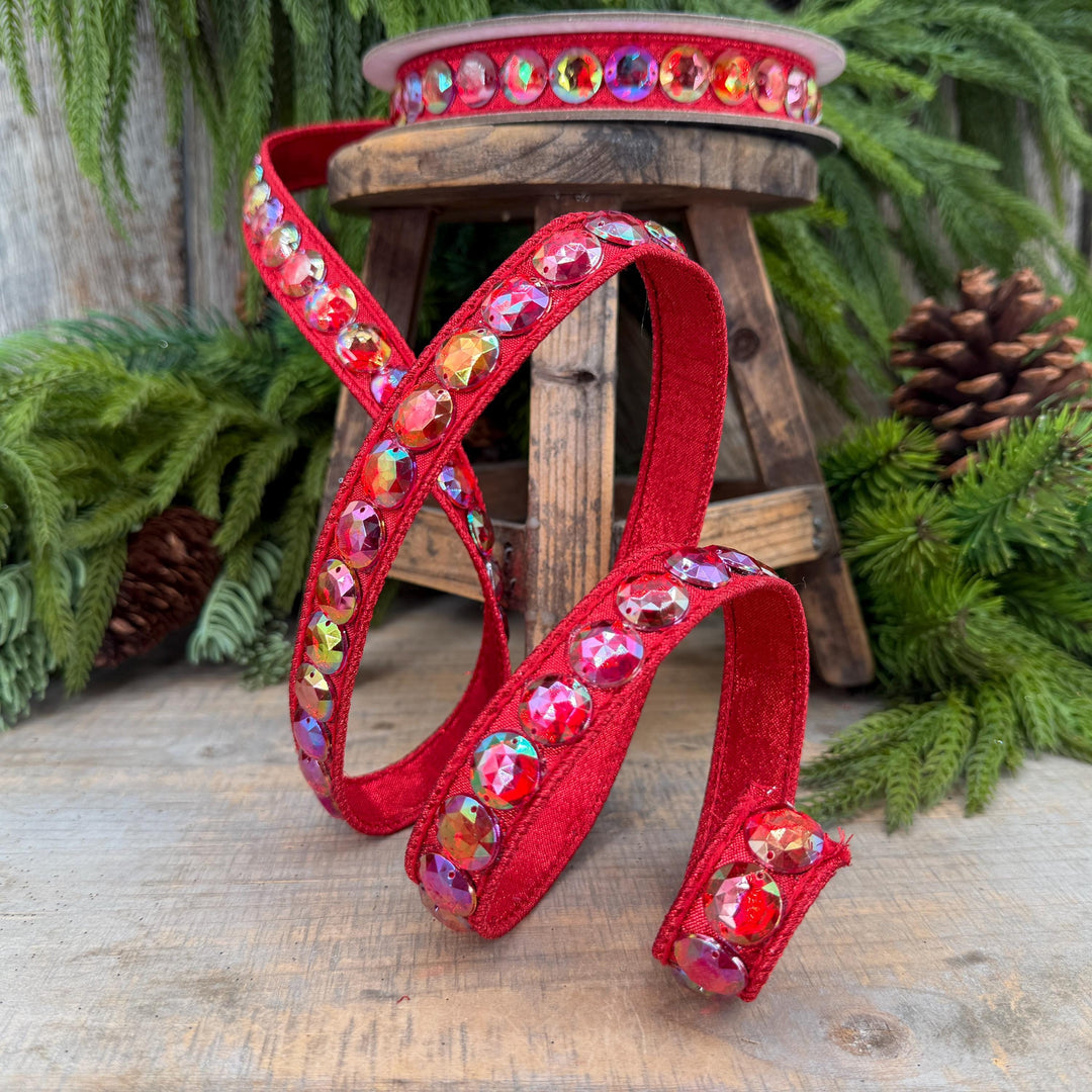 3/4" Red Jeweled Ribbon, Farrisilk Red Aurora Gem Ribbon