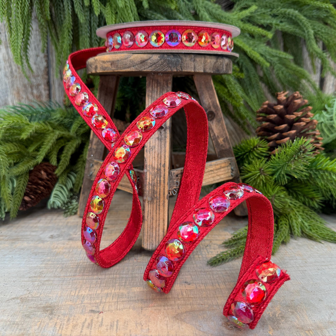 3/4" Red Jeweled Ribbon, Farrisilk Red Aurora Gem Ribbon