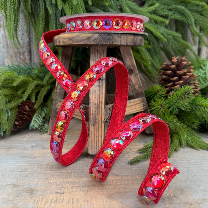 3/4" Red Jeweled Ribbon, Farrisilk Red Aurora Gem Ribbon