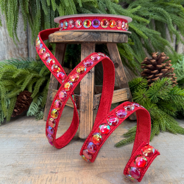 3/4" Red Jeweled Ribbon, Farrisilk Red Aurora Gem Ribbon