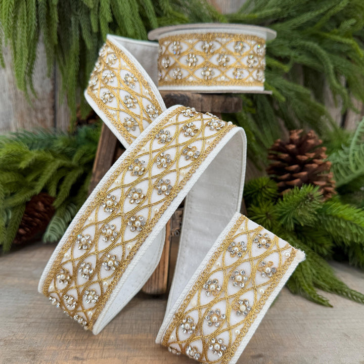 2" Ivory Posh Pearl Wired Ribbon, Farrisilk Pearl Ribbon