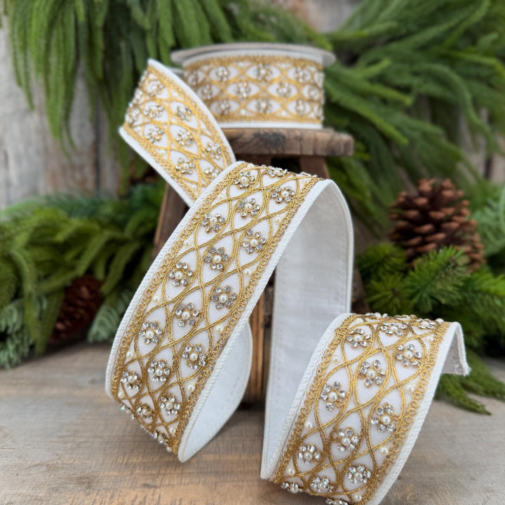 2" Ivory Posh Pearl Wired Ribbon, Farrisilk Pearl Ribbon