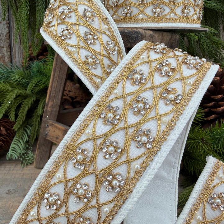 2" Ivory Posh Pearl Wired Ribbon, Farrisilk Pearl Ribbon