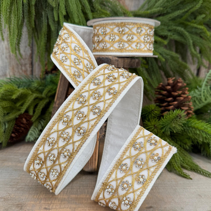 2" Ivory Posh Pearl Wired Ribbon, Farrisilk Pearl Ribbon