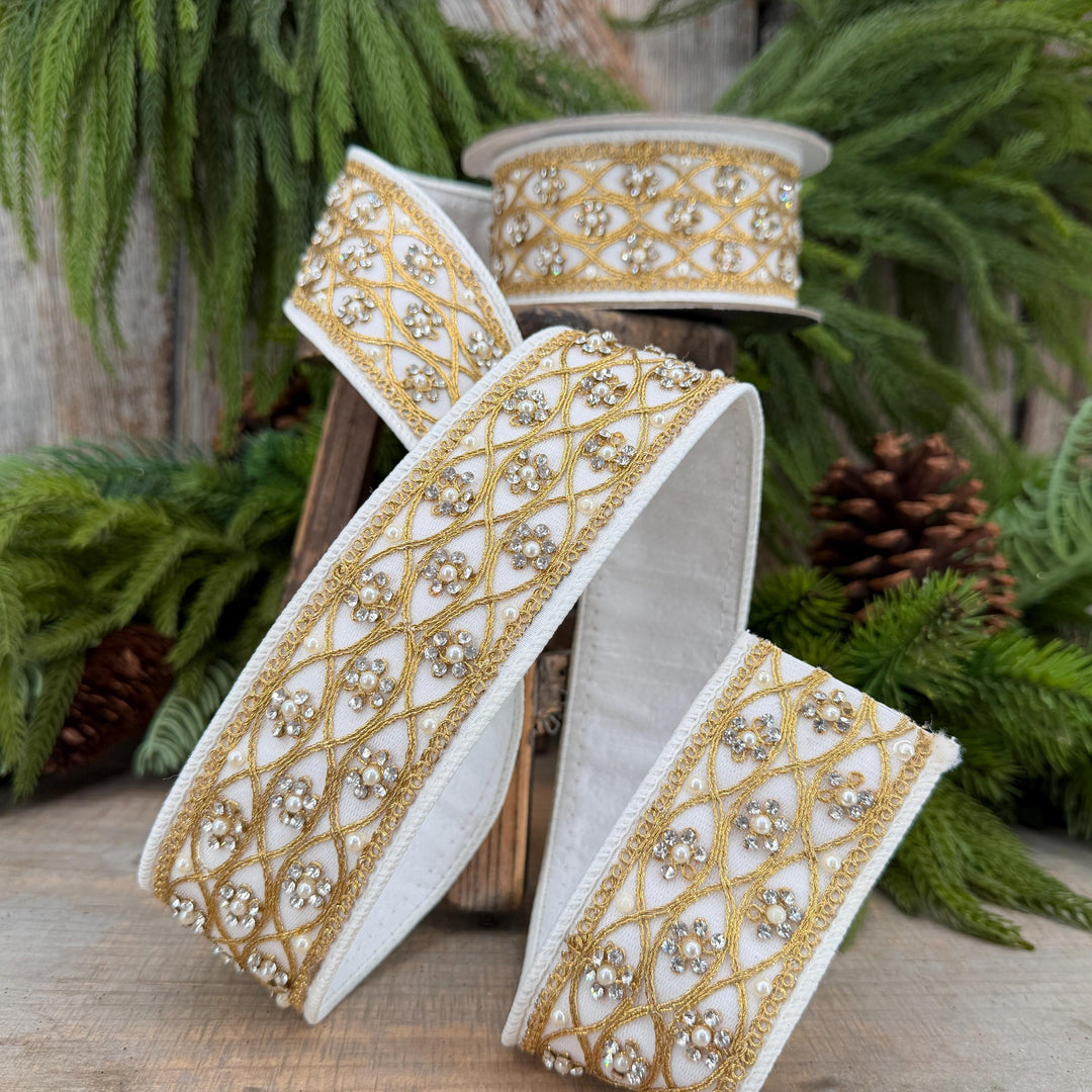 2" Ivory Posh Pearl Wired Ribbon, Farrisilk Pearl Ribbon