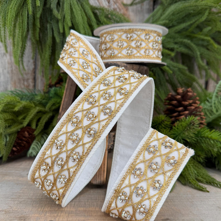 2" Ivory Posh Pearl Wired Ribbon, Farrisilk Pearl Ribbon