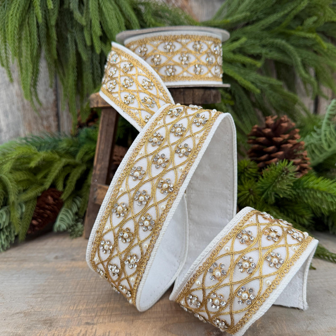 2" Ivory Posh Pearl Wired Ribbon, Farrisilk Pearl Ribbon