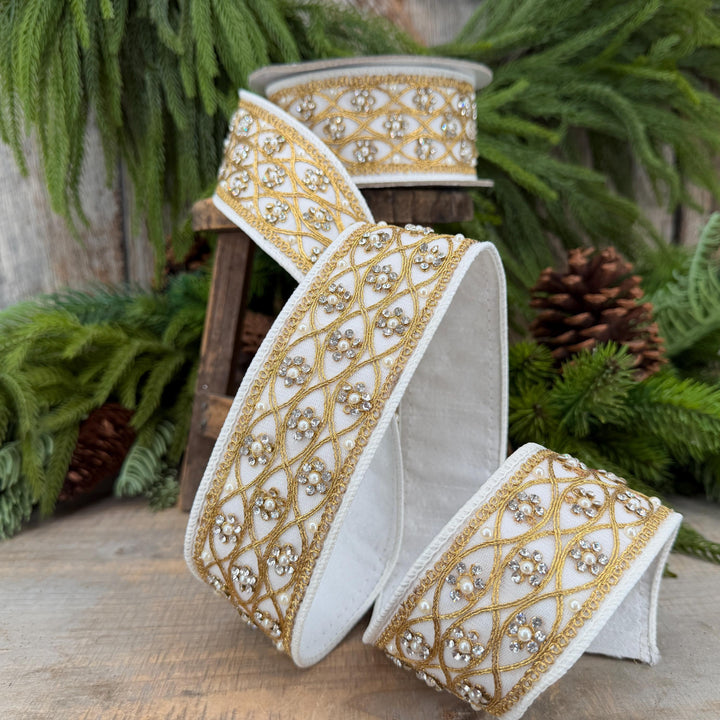 2" Ivory Posh Pearl Wired Ribbon, Farrisilk Pearl Ribbon