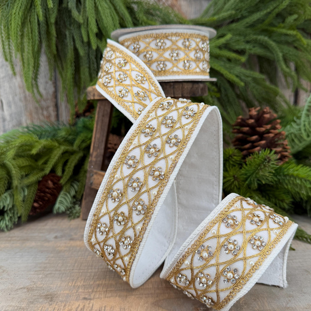 2" Ivory Posh Pearl Wired Ribbon, Farrisilk Pearl Ribbon