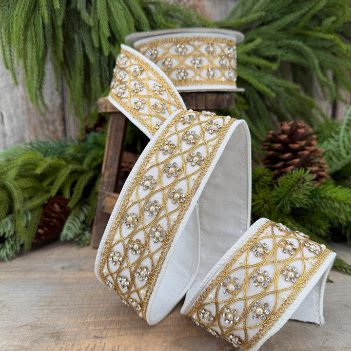 2" Ivory Posh Pearl Wired Ribbon, Farrisilk Pearl Ribbon