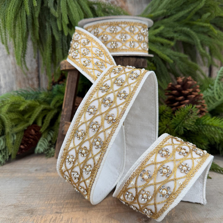 2" Ivory Posh Pearl Wired Ribbon, Farrisilk Pearl Ribbon