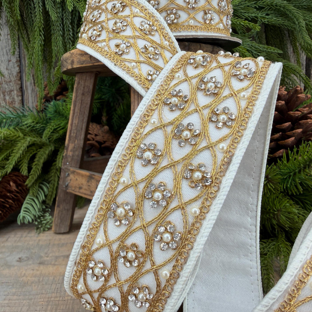2" Ivory Posh Pearl Wired Ribbon, Farrisilk Pearl Ribbon