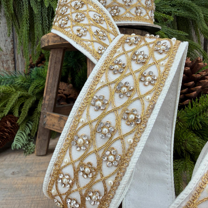 2" Ivory Posh Pearl Wired Ribbon, Farrisilk Pearl Ribbon