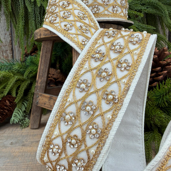 2" Ivory Posh Pearl Wired Ribbon, Farrisilk Pearl Ribbon