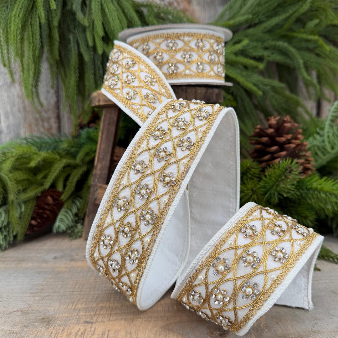 2" Ivory Posh Pearl Wired Ribbon, Farrisilk Pearl Ribbon