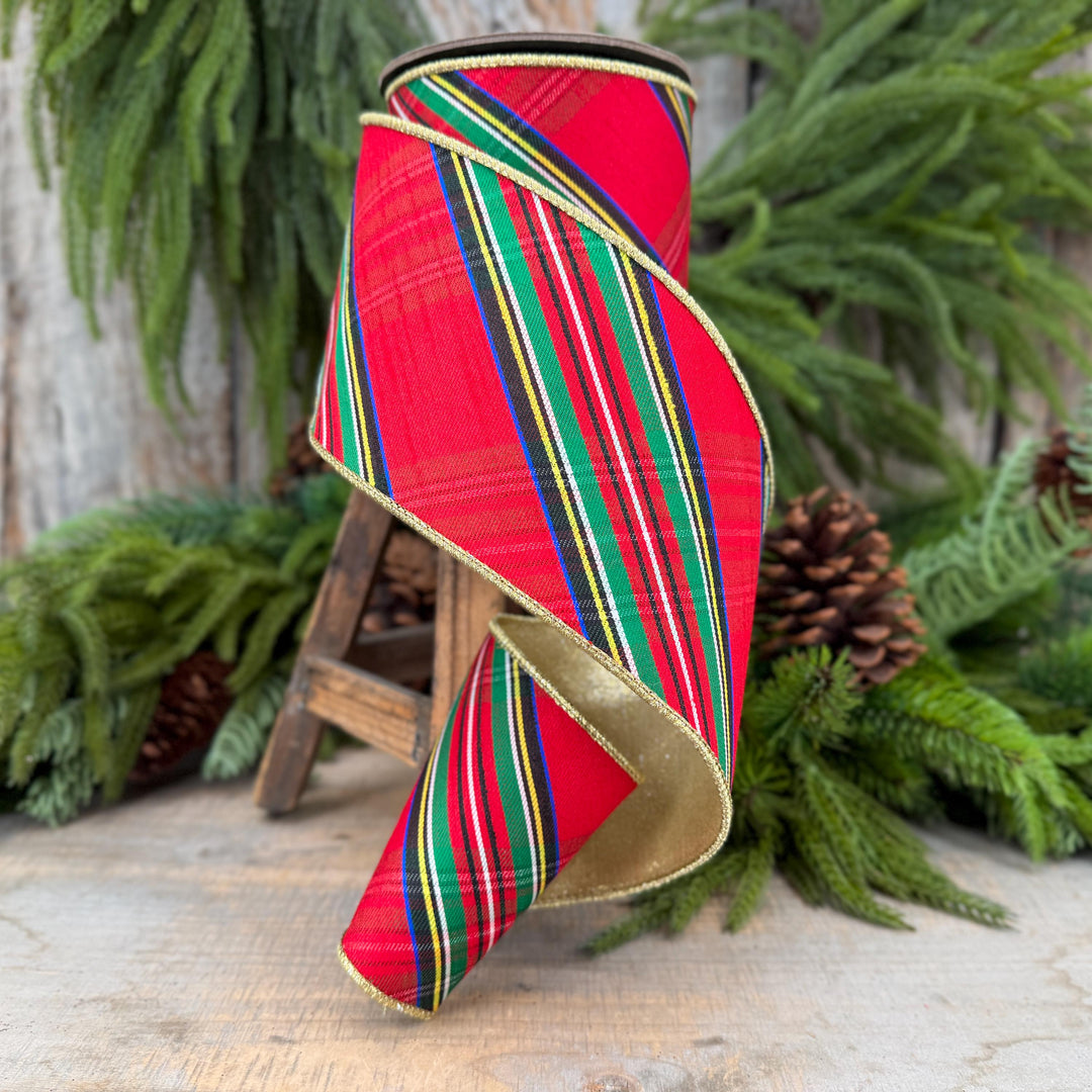 4" Traditional CHristmas Plaid, Wired Ribbon, Red Blue Chirstmas Plaid RIbbon, RIbbon for Treee, Christmas Plaid