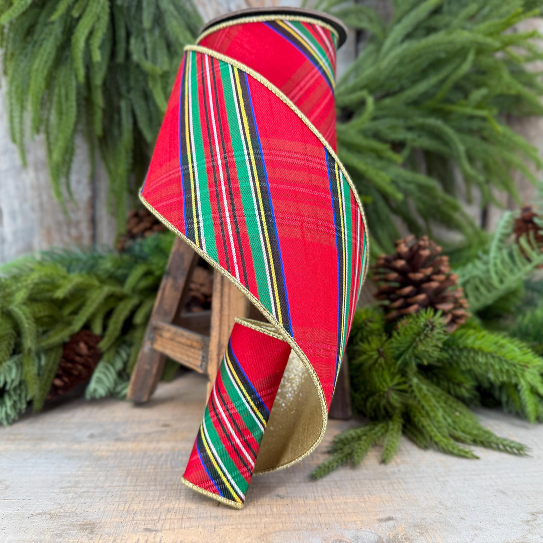 4" Traditional CHristmas Plaid, Wired Ribbon, Red Blue Chirstmas Plaid RIbbon, RIbbon for Treee, Christmas Plaid