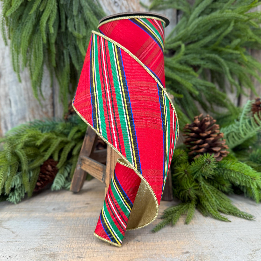 4" Traditional CHristmas Plaid, Wired Ribbon, Red Blue Chirstmas Plaid RIbbon, RIbbon for Treee, Christmas Plaid