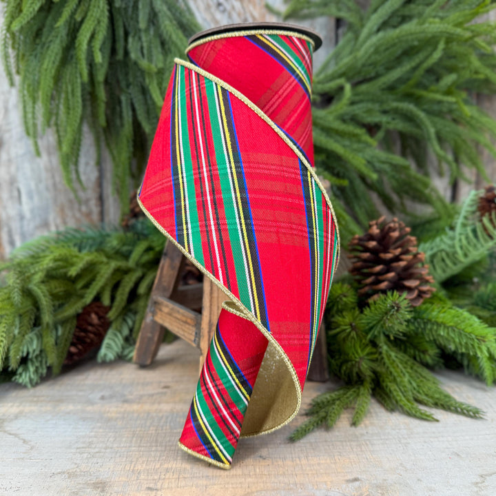 4" Traditional CHristmas Plaid, Wired Ribbon, Red Blue Chirstmas Plaid RIbbon, RIbbon for Treee, Christmas Plaid