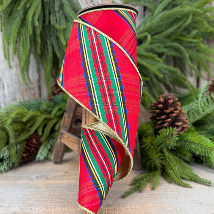 4" Traditional CHristmas Plaid, Wired Ribbon, Red Blue Chirstmas Plaid RIbbon, RIbbon for Treee, Christmas Plaid