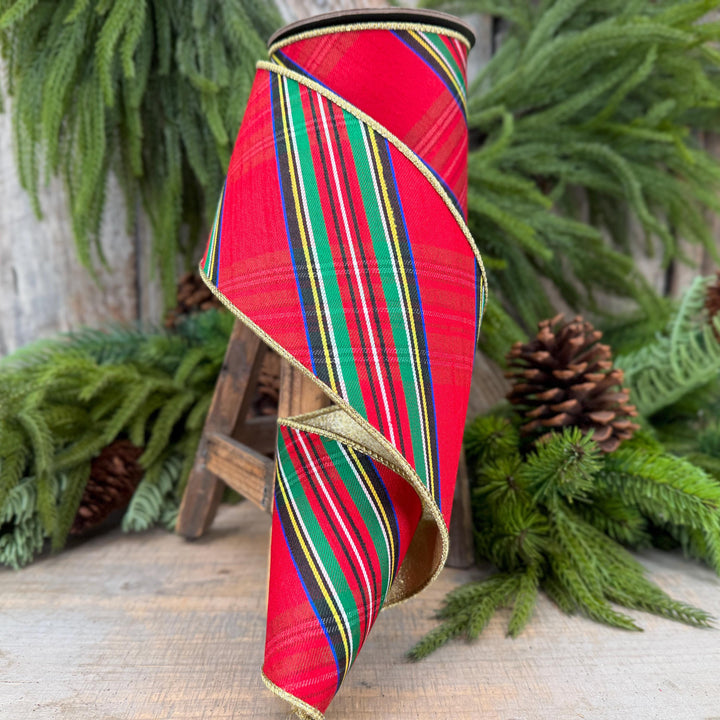4" Traditional CHristmas Plaid, Wired Ribbon, Red Blue Chirstmas Plaid RIbbon, RIbbon for Treee, Christmas Plaid
